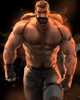 1boy abs bag bara beard biceps black_eyes black_hair clenched_hands connected_beard dopey_(dopq) facial_hair fingerless_gloves gloves hairy highres jewelry large_pectorals looking_at_viewer male_focus manly mature_male muscular muscular_arms muscular_male necklace nipples original pants pectorals short_hair smirk solo thick_eyebrows thighs topless_male walking
