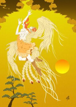 1girl animal animal_on_head baby_animal bird bird_on_head bird_tail bird_wings boots chick chicken dress feathered_wings from_side full_body highres multicolored_hair niwatari_kutaka on_head orange_dress reaching red_hair solo sun tail touhou tree two-tone_hair wings xiangyun yamada_satoshi yellow_background yellow_theme yellow_wings