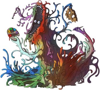 1boy absurdres arborix artist_name blue_eyes body_horror commentary english_commentary faceless facetaker_fred_(look_outside) highres holding holding_paint_palette holding_paintbrush horror_(theme) look_outside male_focus monster no_humans open_mouth paint paint_palette paintbrush simple_background teeth white_background