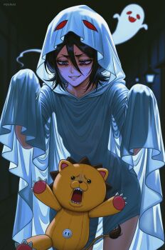 1boy 1girl ai-assisted artist_name black_hair bleach breasts eyebrows eyelashes fang fangs ghost highres kon_(bleach) kuchiki_rukia legs lips medium_hair prixmal purple_eyes red_eyes scared small_breasts stuffed_animal stuffed_lion stuffed_toy tail teeth thighs