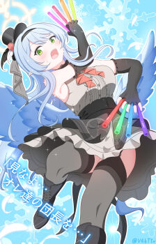 1girl absurdres artist_name black_boots black_dress black_gloves black_hat black_thighhighs blue_archive blue_hair blue_wings blush boots closed_eyes dress elbow_gloves embarrassed feathered_wings fingerless_gloves flower frilled_dress frills from_below garter_straps gloves glowstick green_eyes grey_dress halo hat hat_flower highres holding holding_glowstick idol_clothes knee_boots lace-up_boots layered_dress long_hair looking_at_viewer low_wings mine_(blue_archive) mine_(idol)_(blue_archive) mini_hat mini_top_hat official_alternate_costume open_mouth pointy_ears red_flower red_rose rose sleeveless sleeveless_dress snowflakes sparkle sun sweat thighhighs top_hat very_long_hair walker-0083 wings yellow_halo