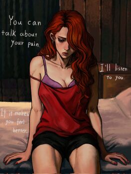 Rule 34 | 1girl, bedroom, black shorts, blue eyes, bra, breasts, closed mouth, cowboy shot, crop top, curtains, earrings, english text, hair over one eye, hand on bed, highres, indoors, jewelry, lips, long hair, looking at viewer, loose clothes, no i'm not a human, on bed, purple bra, red hair, red nails, red shirt, seductive woman (no i'm not a human), shirt, shorts, single earring, sitting, solo, spaghetti strap, underwear, yuanhp12