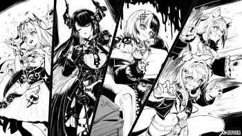5girls animal_ears bandaid bandaid_hair_ornament blunt_bangs claw_(weapon) closed_eyes clothing_cutout coat collared_shirt commentary copyright_notice corset cropped_jacket cropped_shirt crossed_bangs dog_ears dog_girl dog_tail double-parted_bangs dress dress_shirt english_commentary fake_horns feather-trimmed_jacket fur-trimmed_coat fur-trimmed_jacket fur_trim fuwawa_abyssgard fuwawa_abyssgard_(1st_costume) gloves greyscale hair_between_eyes hair_flaps hair_ornament hairband hairclip holding holding_microphone_stand holoadvent hololive hololive_english horn_hairband jacket jailbird_(nerissa_ravencroft) koseki_bijou koseki_bijou_(1st_costume) kuroi_susumu long_hair long_sleeves microphone_stand midriff miniskirt mococo_abyssgard mococo_abyssgard_(1st_costume) monochrome multicolored_hair multiple_girls navel nerissa_ravencroft nerissa_ravencroft_(1st_costume) official_art open_mouth pencil_skirt reading ribbed_shirt shiori_novella shiori_novella_(1st_costume) shirt short_hair short_shorts shorts shoulder_cutout siblings side_slit sidelocks sisters sitting skirt split-color_hair t-shirt tail twins two_side_up vest virtual_youtuber weapon yorick_(shiori_novella)