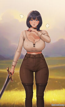 1girl absurdres black_choker black_hair blue_eyes blurry blurry_background blush boots breasts brown_boots brown_pants choker cleavage day dirty dirty_face facial_scar fantasy grass heavy_breathing high-waist_pants highres holding holding_sword holding_weapon large_breasts looking_at_viewer medium_hair midriff mixed-language_commentary original outdoors pants parted_lips roborobocap scar scar_on_cheek scar_on_face scratches shirt solo standing sweat sword thigh_boots thighs twitter_username weapon white_shirt