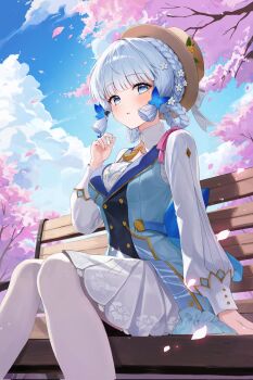 1girl arm_support ayaka_(genshin_impact) bench blue_dress blue_eyes blunt_bangs blunt_tresses braid braided_hair_rings branch breasts brown_hat cherry_blossoms cloud commentary day dress falling_petals flower from_below genshin_impact gold_trim hair_flower hair_ornament hair_rings hand_up hat highres kamisato_ayaka kamisato_ayaka_(springbloom_missive) long_sleeves looking_ahead medium_breasts mole mole_under_eye official_alternate_costume on_bench pantyhose park_bench parted_lips petals pink_petals puffy_long_sleeves puffy_sleeves ringed_eyes sitting sky sleeve_cuffs solo symbol-only_commentary tassel tree white_dress white_flower white_pantyhose wooden_bench yeohye_s2