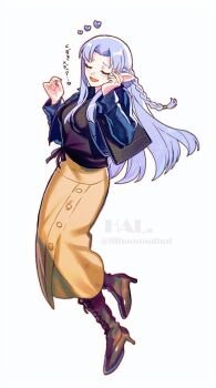 1girl black_boots black_shirt boots braid brown_skirt casual closed_eyes curtained_hair denim denim_jacket fate/hollow_ataraxia fate/stay_night fate_(series) full_body hal_(haaaalhal) high_heel_boots high_heels highres jacket long_hair long_skirt long_sleeves medea_(caster)_(fate) medea_(casual_wear)_(fate) medea_(fate) pointy_ears purple_hair shirt side_braid simple_background skirt smile solo translated white_background