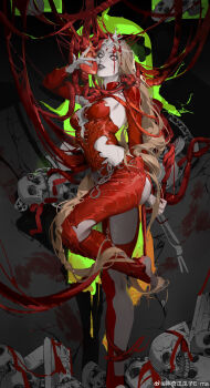 1girl absurdres baldur's_gate baldur's_gate_3 barefoot black_lips blank_eyes blonde_hair blood blood_in_hair blood_on_face bodysuit bone braid chain chinese_commentary circlet cleavage_cutout clothing_cutout colored_skin commentary_request crack detached_sleeves dungeons_&amp;_dragons dungeons_&amp;_dragons e-ma_(pixiv6933729) entrails facing_viewer foot_out_of_frame from_side grey_skin guro hand_up headpiece heart heart_(organ) highres holding holding_heart holding_heart_(organ) intestines leg_up long_hair low-braided_long_hair low-tied_long_hair organs orin_the_red pile_of_skulls red_bodysuit rubble single_braid skull solo standing standing_on_one_leg very_long_hair watermark weibo_watermark