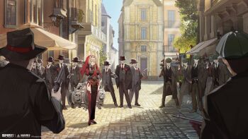 1girl 6+boys :d absurdres black_dress black_jacket black_pants black_shoes black_suit blue_sky boots breasts brick_floor building copyright_name copyright_notice day dress european_architecture fedora formal_clothes gangster gloves gun handgun hat highres holding holding_gun holding_weapon interlocked_fingers jacket large_breasts logo long_dress mafia multiple_boys newsboy_cap nun official_art official_wallpaper open_mouth outdoors own_hands_together pants pelvic_curtain red_boots red_eyes red_gloves red_veil revolver rifle shoes sky smile standing suit thigh_boots veil weapon wide_shot xinyue_tongxing