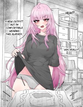 Rule 34 | 1girl, absurdres, black shirt, blunt bangs, blush, breasts, cameltoe, clothes lift, commentary, commission, cowboy shot, english commentary, english text, grey panties, highres, hololive, hololive english, large breasts, long hair, looking at viewer, mayoa, mole, mole on thigh, monochrome background, mori calliope, open mouth, panties, pink eyes, pink hair, shirt, shirt lift, solo, sweat, talking, underwear, unworn clothes, virtual youtuber