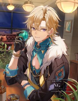 1boy adversarial_noise aqua_shirt aventurine_(honkai:_star_rail) blonde_hair clothing_cutout couch crystal fur_scarf fur_trim gloves hair_between_eyes highres holding holding_crystal honkai:_star_rail honkai_(series) indoors jacket jewelry looking_at_viewer male_focus miyanami_3 multicolored_eyes neck_tattoo pectoral_cleavage pectorals purple_eyes shirt short_hair smile solo tattoo two-tone_eyes