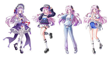 1girl absurdres alternate_costume blue_eyes braid citlali_(genshin_impact) closed_mouth commentary_request dasha facial_mark full_body genshin_impact hat highres hoyofair kneehighs long_hair long_sleeves looking_at_viewer multiple_views pants pantyhose pink_hair pink_pupils shirt shoes short_sleeves simple_background skirt socks standing standing_on_one_leg triangle triangle_facial_mark white_background white_pantyhose white_socks