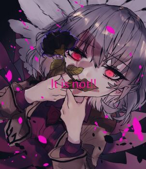 1girl black_flower black_rose bow bowtie commentary_request dress english_text engrish_text flower grey_hair holding holding_flower kishin_sagume long_sleeves looking_at_viewer one-hour_drawing_challenge purple_dress ranguage red_bow red_bowtie red_eyes rose shinjitsu_no_kuchi solo touhou upper_body