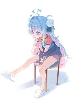 Rule 34 | 1girl, absurdres, ahoge, black jacket, blue eyes, blue hair, blue shirt, blush, chair, colored inner hair, commentary request, enokinoko1010, full body, highres, jacket, legs, long hair, long sidelocks, looking at object, looking down, multicolored hair, multicolored shirt, off shoulder, on chair, open clothes, open jacket, original, pink hair, pink shirt, pink shorts, shirt, short sleeves, shorts, sidelocks, simple background, sitting, slippers, solo, t-shirt, two-tone hair, white background, white slippers, yellow shirt