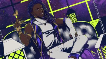 Rule 34 | 1boy, armlet, asterian (synthesizer v), bare shoulders, beard stubble, blue hair, bridal gauntlets, bug, butterfly, chain, clothing request, commentary, dark-skinned male, dark skin, dreadlocks, english commentary, facial hair, gold armlet, grin, hair ornament, highres, insect, jewelry, lantern, necklace, purple eyes, ring, shg (hiomaika), single bridal gauntlet, sitting, smile, solo, stubble, synthesizer v, venom (synthesizer v)