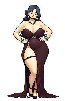 1girl bare_shoulders blazbaros bracelet breasts cleavage closed_eyes curvy drasna_(pokemon) dress earrings female_focus full_body grandma hands_on_own_hips high_heels highres jewelry large_breasts long_hair mature_female necklace nintendo off-shoulder_dress off_shoulder old old_woman pokemon pokemon_x_and_y solo thick_thighs thigh_strap thighs wide_hips