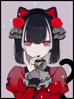 1boy absurdres animal_ear_hairband animal_ears ascot bell black_border black_hair border cat_ear_hairband cat_ears cat_tail choker collared_shirt colored_inner_hair commentary_request expressionless eyeliner fake_animal_ears grey_ascot grid_background hairband highres juliet_sleeves kyogoku_masamune long_sleeves looking_at_viewer makeup male_focus multicolored_hair nail_polish neck_bell puffy_sleeves red_eyes red_nails seira_jablko shirt short_hair solo tail touken_ranbu trap two-tone_hair upper_body