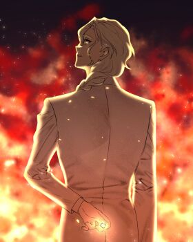 Rule 34 | 1boy, absurdres, arm at side, braid, commentary request, embers, fate/grand order, fate (series), fire, from behind, galchijjigae, glowing ring, grey eyes, hair behind ear, hair between eyes, hair over shoulder, highres, holding, holding jewelry, holding ring, jacket, jewelry, korean commentary, long hair, long sleeves, looking at viewer, looking back, male focus, marisbury animusphere, parted bangs, parted lips, ring, single braid, smile, solo, unworn ring, upper body, white hair, white jacket