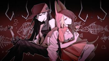 2girls absurdres animal_ears backwards_hat baseball_cap black_eyes black_hair black_pants black_shirt blonde_hair breasts cleavage closed_mouth dress food hat highres hook jacket kuon_kyomu looking_at_viewer mai_(synthesizer_v) mole mole_above_eye multicolored_hair multiple_girls open_clothes open_jacket outline pale_skin pants puffy_short_sleeves puffy_sleeves red_background red_dress red_eyes red_hair red_hat red_pupils red_trim shirt short_sleeves sitting small_breasts streaked_hair synthesizer_v vignetting vimalion_pro white_jacket white_outline yi_xi_(synthesizer_v)