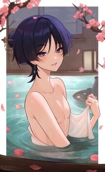 1boy absurdres akumana alcohol alternate_hairstyle bare_shoulders blunt_ends blush bottle branch choko_(cup) collarbone cup earrings eyelashes eyeliner eyeshadow floating floating_object genshin_impact hair_bun hair_intakes hair_ornament hairpin half-closed_eyes highres indoors jewelry lantern lipgloss makeup male_focus nipples onsen open_mouth partially_submerged petals petals_on_liquid pink_lips pink_petals purple_eyes purple_hair purple_pupils red_eyeliner red_eyeshadow ripples sake sake_bottle scaramouche_(genshin_impact) signature sliding_doors smile solo topless_male trap tsurime twitter_username water wet white_mouth window