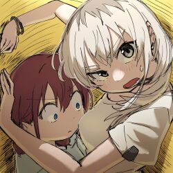2girls ayataka_syumimi bracelet brown_hair commentary earclip fang girls_band_cry grey_eyes grey_hair hashtag-only_commentary highres iseri_nina jewelry kawaragi_momoka low_twintails lower_teeth_only multiple_girls open_mouth shirt short_hair short_sleeves short_twintails stuck teeth twintails white_shirt yuri