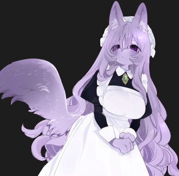 1girl :&lt; animal_ear_fluff animal_ears animal_nose apron black_background black_dress breasts brooch closed_mouth collared_dress colored_skin commentary_request cowboy_shot dog_ears dog_girl dog_tail dress eurasia_(wtp09ptw14) francoise_(eurasia) frilled_apron frilled_hat frills furrification furry furry_female gem green_gemstone hair_over_one_eye hat highres jewelry juliet_sleeves large_breasts long_bangs long_hair long_sleeves looking_at_viewer maid maid_apron original own_hands_together puffy_sleeves purple_eyes purple_hair purple_skin simple_background solo tail very_long_hair white_apron