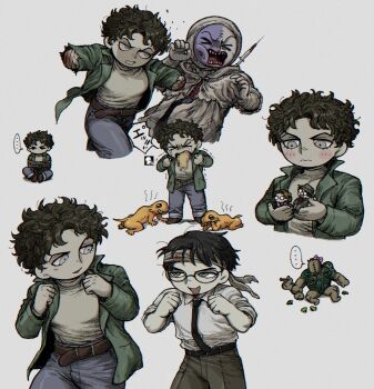 ... 1girl 3boys amputee armless_amputee belt black_hair black_necktie blush bound brown_belt brown_pants collared_shirt commentary_request deformed double_amputee fear_&amp;_hunger_(series) fear_&amp;_hunger_2:_termina fighting_stance gameplay_mechanics giant_(fear_&amp;_hunger) green_jacket grey_background headband highres holding holding_mini_person jacket male_focus marcoh_(fear_&amp;_hunger) mini_person miniboy minigirl monster multiple_boys multiple_views necktie needles_(fear_&amp;_hunger) olivia_(fear_&amp;_hunger) open_clothes open_jacket open_mouth pants punching purple_pants shirt short_hair simple_background sitting sm2_hokke spoken_ellipsis status_effect syringe tanaka_(fear_&amp;_hunger) teeth vomiting white_headband white_shirt