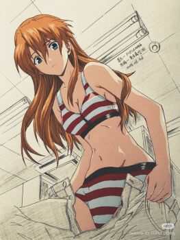 1girl bra expressionless looking_at_viewer navel neon_genesis_evangelion official_art pants souryuu_asuka_langley swimsuit underwear
