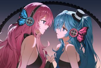 Rule 34 | 2girls, absurdres, aqua eyes, aqua hair, aqua nails, bare shoulders, black dress, black gloves, black hairband, black hat, breasts, butterfly hair ornament, commentary, dress, emduck, english commentary, fingerless gloves, gloves, hair ornament, hairband, hat, hatsune miku, highres, interlocked fingers, looking at another, magnet (vocaloid), megurine luka, mini hat, mini top hat, multiple girls, parted lips, pink hair, top hat, upper body, vocaloid, yuri