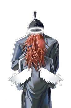 0123jjji 2boys angel_devil_(chainsaw_man) angel_wings black_gloves black_hair blush chainsaw_man commentary_request earrings from_behind gloves halo hayakawa_aki head_blush height_difference implied_kiss jacket jewelry long_hair male_focus mini_wings multiple_boys short_hair simple_background suit_jacket topknot traditional_halo upper_body white_background white_wings wings yaoi