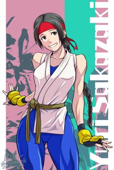 Rule 34 | 1girl, braid, braided ponytail, brown eyes, brown hair, commentary request, dated, dougi, fingerless gloves, gloves, headband, highres, leggings, long hair, looking at viewer, mimiyama kiichi, one eye closed, open mouth, pants, ryuuko no ken, simple background, single braid, smile, solo, spandex, the king of fighters, white background, yoga pants, yuri sakazaki