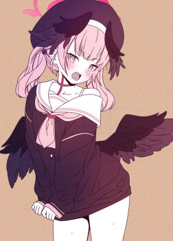 Rule 34 | 1girl, beret, black cardigan, black hat, black wings, blue archive, blush, brown background, cardigan, collarbone, commentary request, contrapposto, halo, hat, head wings, highres, koharu (blue archive), kouji (campus life), long sleeves, looking at viewer, medium hair, neckerchief, open mouth, pink eyes, pink hair, pink neckerchief, sailor collar, school uniform, sidelocks, simple background, solo, standing, twintails, upper body, white sailor collar, wings