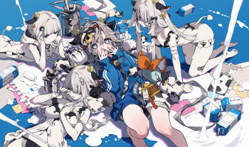 4girls all_fours animal_ears bandaid bandaid_on_leg bare_shoulders barefoot black_panties blue_eyes blue_hoodie breasts bukurote cleavage colored_skin commentary_request cow_ears cow_girl cow_horns cow_tail dress drink_carton grey_hair hair_between_eyes highres hood hood_down hoodie horns large_breasts long_hair long_sleeves lying medium_breasts milk_carton multiple_girls on_back on_stomach original panties puffy_long_sleeves puffy_sleeves sleeveless sleeveless_hoodie sleeves_past_wrists symbol-shaped_pupils tail underwear very_long_hair white_dress white_hair white_hoodie white_skin x-shaped_pupils