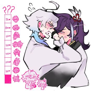 2boys ? ?? ahoge anger_vein arms_around_waist axel_syrios banzoin_hakka banzoin_hakka_(1st_costume) black_gloves blue_hair blush chart chibi commentary covering_another's_mouth crimzon_ruze cropped_torso diamond_choker embarrassed feather_hair_ornament feathers from_side gavis_bettel gavis_bettel_(1st_costume) gloves goldbullet gradient_hair grey_hair hair_between_eyes hair_ornament hand_over_another's_mouth heart heart_in_mouth highres holostars holostars_english hug japanese_clothes josuiji_shinri jurard_t_rexford kiss_chart long_hair machina_x_flayon male_focus medium_hair multicolored_hair multiple_boys multiple_drawing_challenge octavio open_mouth pink_eyes ponytail profile purple_hair regis_altare shirt softobunny streaked_hair sweatdrop symbol-only_commentary tongue tongue_out twitter_strip_game_parody virtual_youtuber white_background white_hair white_shirt yaoi