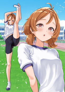1girl absurdres ahoge ankle_socks black_shorts blue_sky breasts cloud commentary_request day full_body gluteal_fold gym_shirt highres knees legs looking_at_viewer multiple_views oikawa_tooru orange_hair original racetrack red_eyes shirt shoes shorts sky small_breasts socks split standing standing_on_one_leg standing_split swept_bangs uwabaki white_shirt white_shoes white_socks