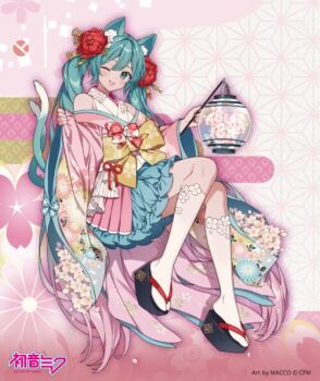 1girl absurdly_long_hair animal_ear_fluff animal_ears aqua_eyes aqua_hair artist_name bakeneko bare_shoulders black_sandals blue_skirt bow cat_ears cat_girl cat_tail cherry_blossom_print cherry_blossoms copyright_logo copyright_notice dot_nose eyelashes floral_print flower frilled_skirt frills full_body gradient_hair hair_between_eyes hair_flower hair_ornament hairpin happy hatsune_miku holding holding_lantern invisible_chair japanese_clothes kimono kneehighs knees lantern large_bow layered_kimono layered_skirt light_blush logo long_hair long_sleeves macco miniskirt multicolored_hair multiple_hairpins multiple_tails off_shoulder official_art okobo one_eye_closed open_mouth outline petals pinching_sleeves pink_background pink_hair pink_kimono pink_outline pink_skirt platform_sandals pleated_skirt print_bow print_sleeves red_flower sandals short_kimono sitting skirt sleeveless sleeveless_kimono smile socks solo tabi tail twintails two-tone_background two-tone_hair two_tails very_long_hair vocaloid waist_bow white_background white_flower white_kimono white_socks wide_sleeves yellow_bow