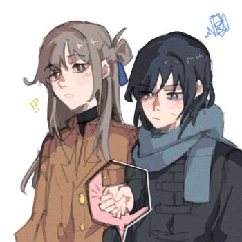 !? 2girls black_hair blue_eyes blue_ribbon blush braid brown_eyes brown_hair brown_jacket closed_mouth commentary film_grain givvhvh grey_scarf hair_ribbon half_up_braid holding_hands jacket long_hair miyagi_shiori multiple_girls open_mouth ribbon scarf sendai_hazuki short_hair shuuniichido_classmate_wo_kau_hanashi simple_background squiggle sweatdrop white_background yuri