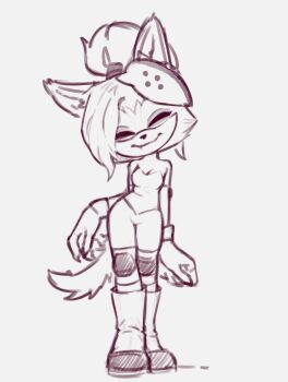 1girl 2021 animal_ears arms_at_sides boots breasts closed_eyes collarbone combat_boots commentary contrapposto detached_sleeves english_commentary eyeshadow female_focus full_body furry furry_female gloves head_tilt high_ponytail highres idw_publishing jacket knee_pads makeup mask mask_on_head medium_breasts monochrome napalm_express pants ponytail scrunchie sega simple_background smile solo sonic_(series) standing unworn_jacket whisper_the_wolf white_background wolf_ears wolf_girl