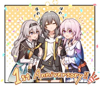 3girls :d aqua_dress black_gloves black_hairband black_jacket black_skirt closed_eyes closed_mouth commentary_request confetti dress english_text firefly_(honkai:_star_rail) girl_sandwich gloves grey_hair hairband halftone halftone_background happy_anniversary highres holding_hands honkai:_star_rail honkai_(series) jacket long_sleeves march_7th_(honkai:_star_rail) march_7th_(preservation)_(honkai:_star_rail) medium_hair multicolored_eyes multiple_girls notice_lines open_clothes open_jacket open_mouth pink_hair sandwiched shirt sidelocks skirt smile stelle_(honkai:_star_rail) t@ke-g trailblazer_(honkai:_star_rail) translation_request white_shirt yuri