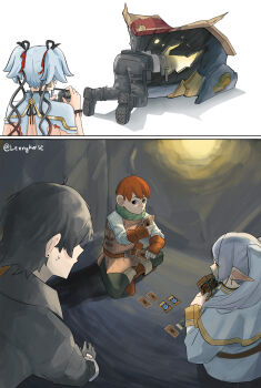 2boys 2girls absurdres ass black_boots black_hair black_pants boots camellya_(wuthering_waves) capelet card cellphone chilchuck_tims collar commentary crossover dress dungeon_meshi elf fingerless_gloves frieren gloves green_scarf hair_ribbon hair_vines hashtag-only_commentary highres holding holding_phone lennykaise looking_at_another male_rover_(wuthering_waves) multiple_boys multiple_girls orange_gloves orange_hair pants phone playing_card pointy_ears recording red_ribbon ribbon rover_(wuthering_waves) scarf short_hair smartphone sousou_no_frieren tacet_discord_(wuthering_waves) white_capelet white_collar white_dress white_hair wuthering_waves yu-gi-oh! yu-gi-oh!_duel_monsters