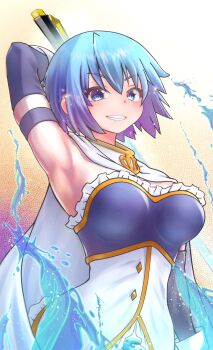 Rule 34 | 1girl, alternate breast size (larger), arm behind head, armpits, blue eyes, blue hair, blue sleeves, blush, breasts, cape, cowboy shot, detached sleeves, frills, gloves, highres, holding, holding behind back, holding weapon behind back, large breasts, looking at viewer, magical girl, mahou shoujo madoka magica, miki sayaka, miki sayaka (magical girl), reiwanoshiro, saber (weapon), short hair, smile, solo, sword, upper body, water, weapon, white cape, white gloves
