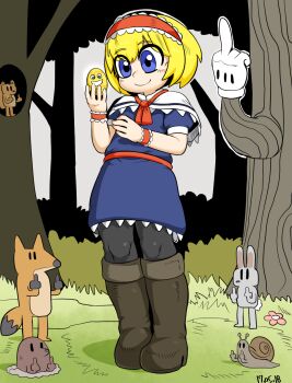 Rule 34 | 1girl, alice margatroid, bird, black pantyhose, blonde hair, blue eyes, blue skirt, boots, capelet, egg, female focus, forest, fox, gloves, hairband, highres, middle finger, mole, mole (animal), nature, pantyhose, rabbit, red hairband, red ribbon, ribbon, short hair, simple background, skirt, snail, solo, squirrel, tetugakuzonbi, touhou