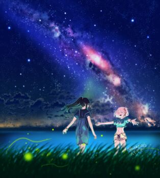 2girls absurdres alaska0812 artist_name black_hair blonde_hair blue_shirt bracelet closed_eyes cloud crop_top fireflies grass hair_ribbon highres inoue_takina jewelry long_hair lycoris_recoil midriff milky_way multiple_girls navel nebula night nishikigi_chisato open_mouth outdoors outstretched_arms overalls ponytail red_ribbon ribbon scenery shirt short_hair short_sleeves shorts signature sky smile star_(sky) starry_sky twitter_username water