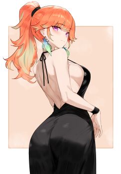 1girl absurdres alternate_costume ass backless_dress backless_outfit black_dress bluefield border breasts commentary_request dress earrings feather_earrings feathers from_behind gradient_hair green_hair highres hololive hololive_english jewelry large_breasts long_hair looking_at_viewer looking_back multicolored_hair orange_background orange_hair outside_border ponytail purple_eyes sideboob simple_background sleeveless sleeveless_dress smile solo strap_gap takanashi_kiara virtual_youtuber white_border wrist_straps