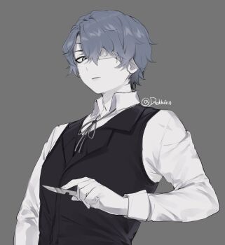 1boy absurdres artist_name black_vest closed_mouth collared_shirt daan_(fear_&amp;_hunger) eyepatch fear_&amp;_hunger_(series) fear_&amp;_hunger_2:_termina grey_background grey_eyes grey_hair grey_ribbon hashtag-only_commentary highres holding holding_scalpel kai_(drakkai10) long_sleeves looking_at_viewer male_focus medical_eyepatch neck_ribbon ribbon scalpel shirt short_hair simple_background solo twitter_username upper_body vest white_shirt
