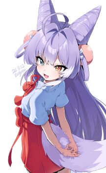Rule 34 | 1girl, absurdres, arms behind back, blue eyes, brown eyes, commentary, cone hair bun, dated, dated commentary, fang, fox tail, hair bun, heterochromia, highres, long hair, looking at viewer, mismatched pupils, open mouth, purple hair, red pupils, signature, solo, stellive, tail, tenko shibuki, tosyeo, yellow pupils