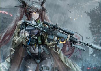 1girl a-10_thunderbolt_ii absurdres antenna_hair archillathefox bipod black_bodystocking black_gloves black_shorts bodystocking brown_coat brown_hair building closed_mouth coat commentary commission covenant_halo_(girls&#039;_frontline_2) covered_navel cowboy_shot english_commentary flares_(countermeasure) girls&#039;_frontline girls&#039;_frontline_2:_exilium glock gloves grey_sky griffin_&amp;_kryuger_logo gun handgun headphones highres holster holstered long_hair m14_(decisive_reinforcement)_(girls&#039;_frontline) m14_(girls&#039;_frontline) microphone mk_14_ebr official_alternate_costume open_clothes open_coat orange_eyes rain scope shoes short_shorts shorts sky smoke_grenade solo suppressor thigh_holster torn_bodystocking torn_clothes torn_shorts trigger_discipline twintails walkie-talkie weapon wet