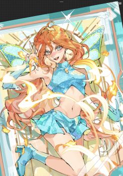 Rule 34 | 1girl, bloom (winx club), blue boots, blue eyes, blue skirt, boots, commentary, copyright name, eyelashes, fairy, highres, long hair, looking at viewer, magical girl, midriff, navel, open mouth, orange hair, realemonade, skirt, solo, sparkle, turtleneck, wings, winx club