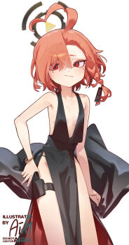 1girl :/ ahoge ainy alternate_costume arms_at_sides artist_name asymmetrical_bangs averting_eyes bare_arms bare_shoulders black_dress blue_archive bracelet breasts closed_mouth commentary_request cowboy_shot dress evening_gown gun halo handgun highres holster huge_ahoge jewelry mole mole_under_each_eye mole_under_eye multiple_moles neru_(blue_archive) no_bra orange_hair panty_straps pelvic_curtain plunging_neckline red_eyes short_hair simple_background sleeveless sleeveless_dress small_breasts solo thigh_holster tsurime weapon white_background