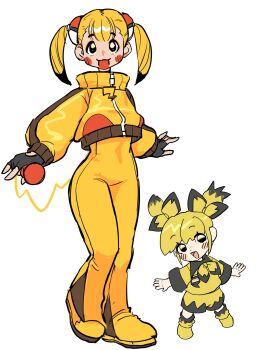 2girls :3 black_gloves black_hair blonde_hair bodysuit bodysuit_under_clothes colored_tips covered_navel cropped_jacket dancho_no_mori evolutionary_line fingerless_gloves full_body gen_1_pokemon gen_2_pokemon gloves high_collar highres holding jacket light_blush long_sleeves looking_at_viewer multicolored_hair multiple_girls neckerchief nintendo open_mouth personification pichu pikachu pikachu_tail poke_ball_hair_ornament pokemon pokemon_tail puffy_long_sleeves puffy_sleeves shirt short_hair short_twintails shorts smile standing super_smash_bros. tail twintails two-tone_hair yellow_bodysuit yellow_jacket yellow_neckerchief yellow_shirt yellow_shorts