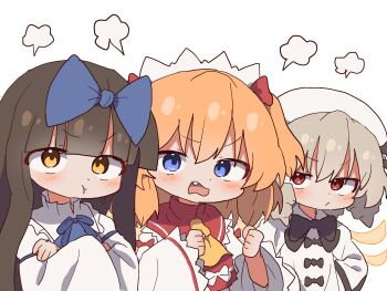 3girls :t ascot black_bow black_bowtie blue_bow blue_bowtie blue_eyes blunt_bangs blush bow bowtie brown_hair closed_mouth commentary crossed_arms dress fang grey_hair hair_bow hat highres korean_commentary long_hair long_sleeves looking_at_viewer luna_child magg_(user_mtca8588) multiple_girls open_mouth orange_hair puff_of_air red_eyes short_hair simple_background star_sapphire sunny_milk touhou touhou_sangetsusei upper_body white_background white_dress white_hat wide_sleeves yellow_ascot yellow_eyes